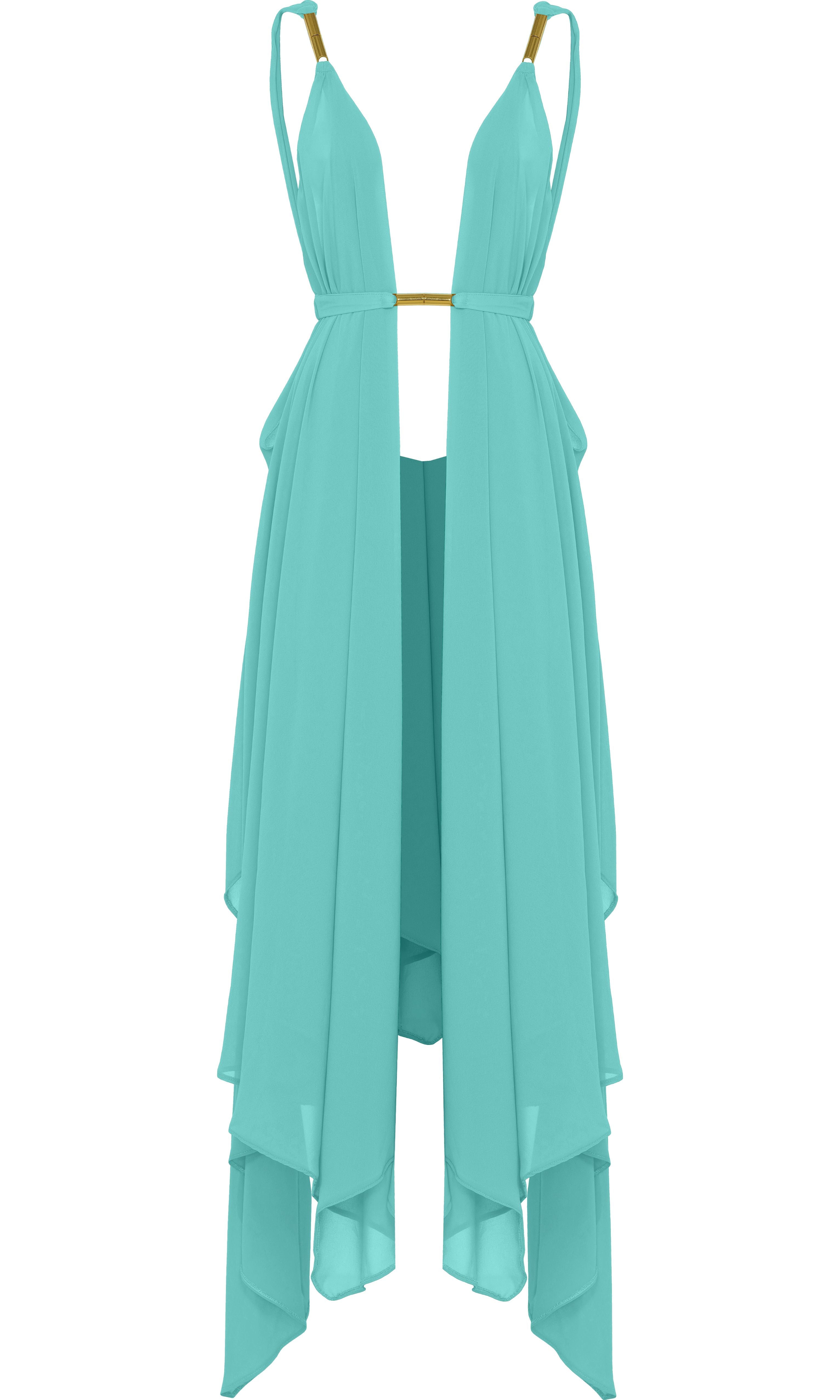 Designer turquoise beach cover up Antoninias with sheer flowing fabric and gold detail