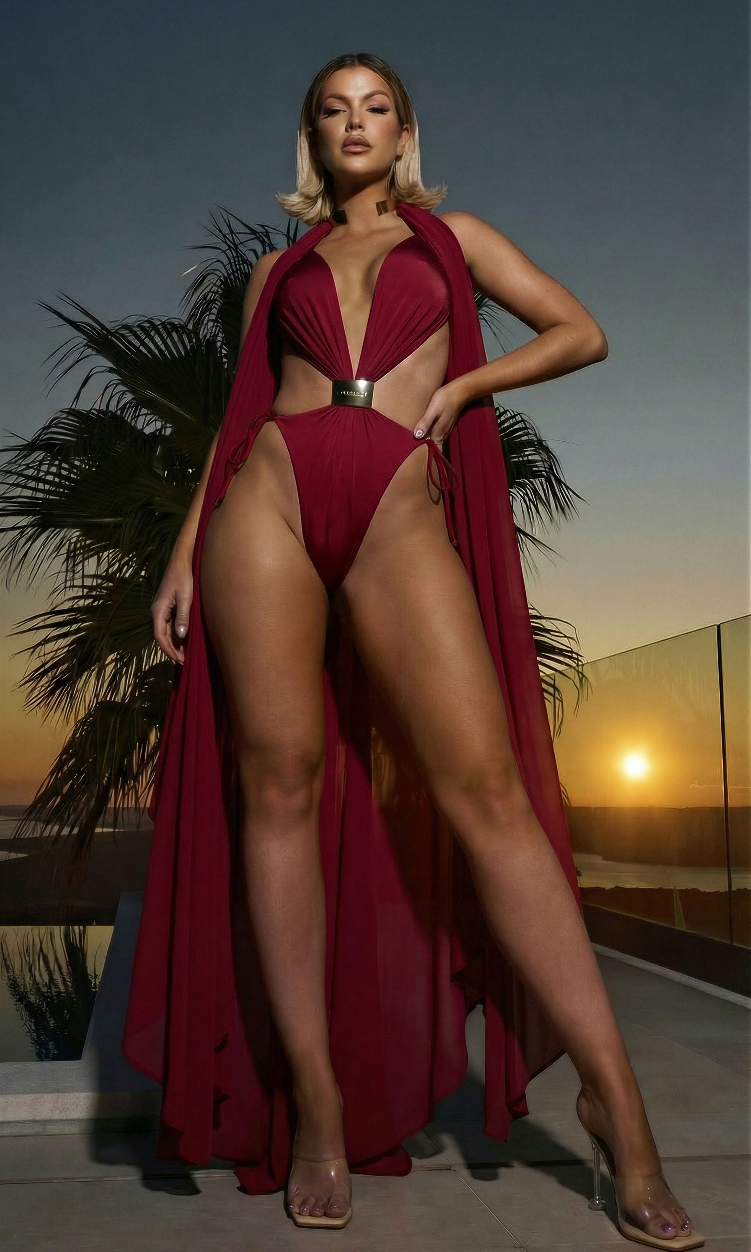 High end designer swimwear for women red swimsuit luxury beach resort styling