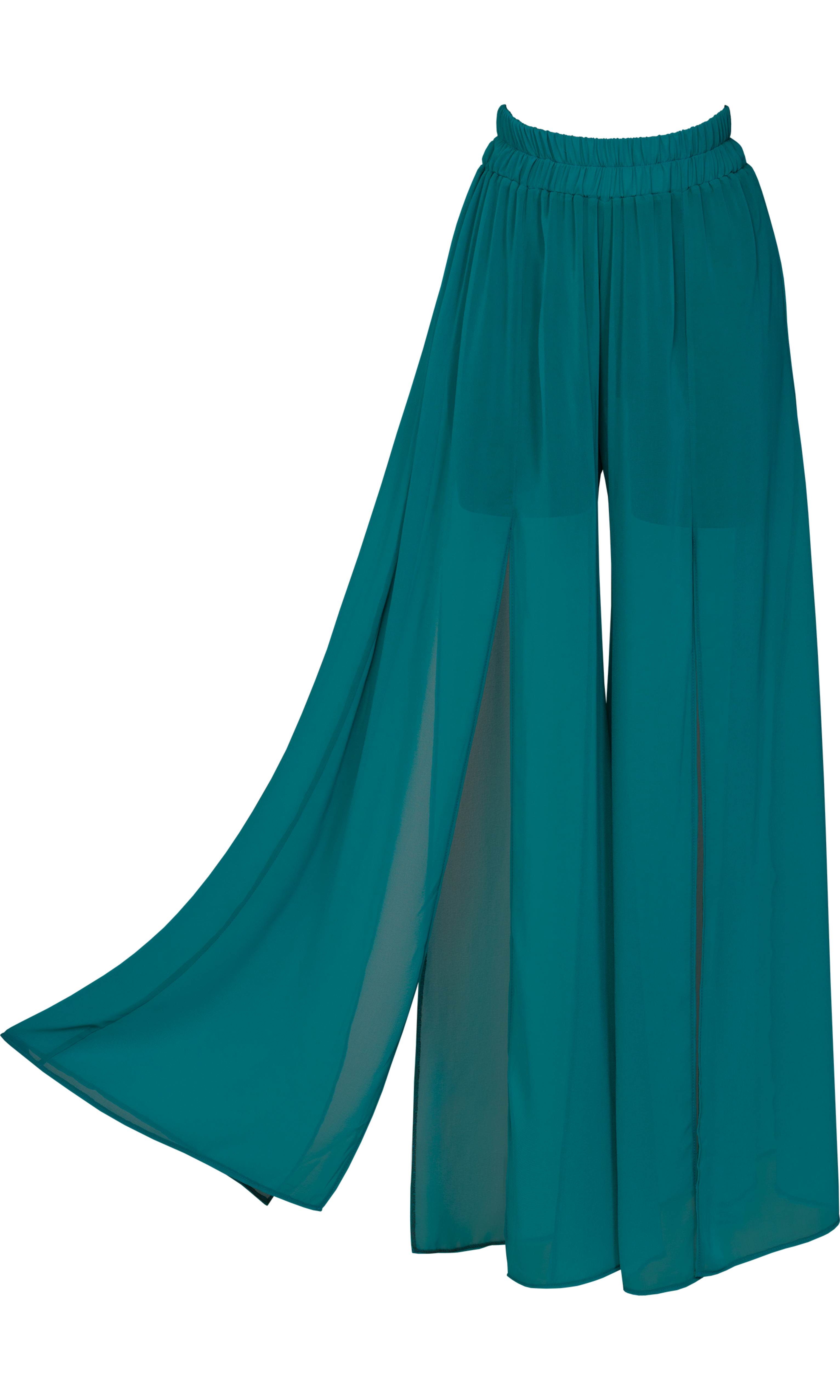 Luxury sustainable Elysia pants in petrol color by Antoninias, featuring a flowy wide-leg silhouette with dramatic slits, crafted for premium resort wear and sophisticated womenswear.