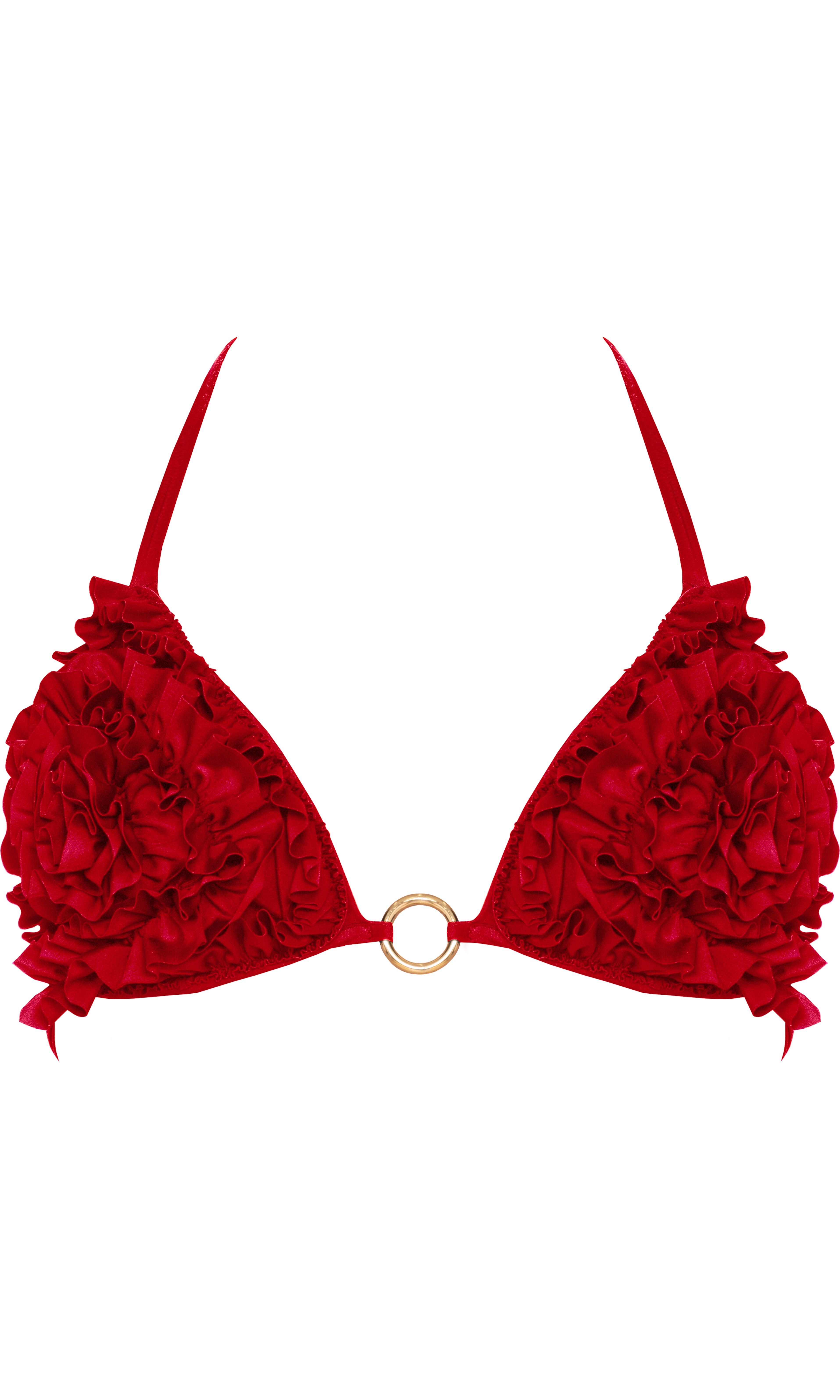 Luxury sustainable red bikini top by Antoninias from the Rose collection, featuring layered ruffles and gold ring details, perfect for designer resort wear and premium womenswear.
